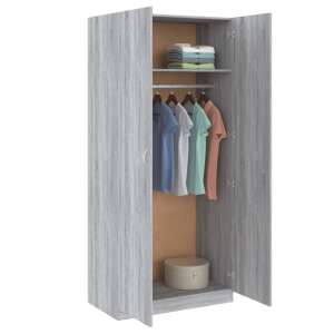 vidaXL assembled wood wardrobe in grey sonoma color, 90x52x200 cm, open doors, interior view - Office Furniture