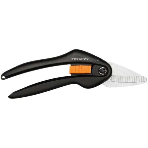 Fiskars SingleStep™ universal shears, black with orange handle, angled view