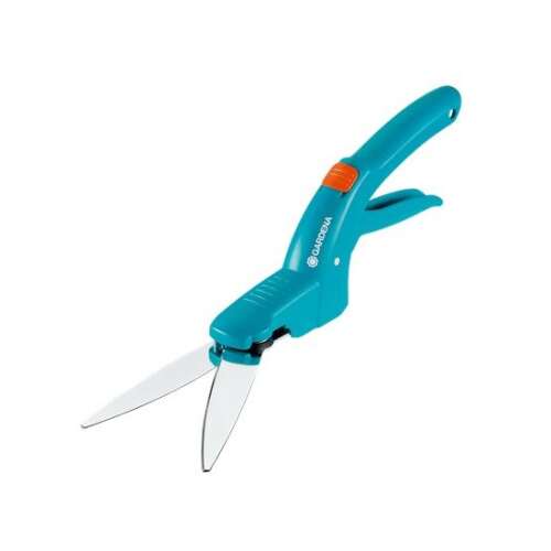 Gardena Classic Grassschere, blau und orange, isoliert auf weißem Hintergrund