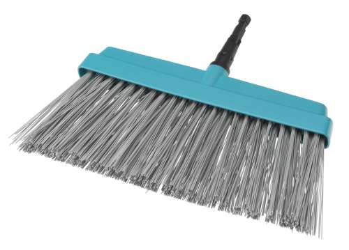 Hlava terasovanej metly Gardena Combisystem, šírka 32 cm, modrá plastová hlava, sivé štetiny, na čistenie terás a balkónov