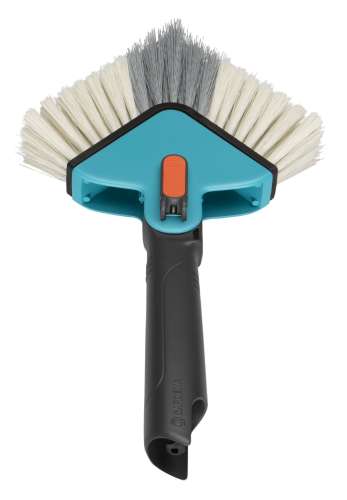 Gardena Combisystem corner brush head, blue and black, angled view