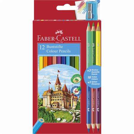 FABER-CASTELL Set de creioane colorate, hexagonal, FABER-CASTELL, 12 culori diferite + 3 creioane bicolore