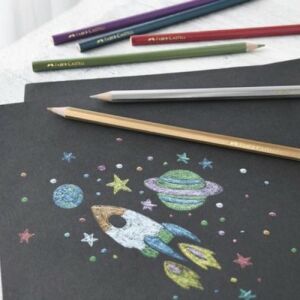 Faber-Castell metallic colored pencils drawing space rocket and planets - Colored Pencil