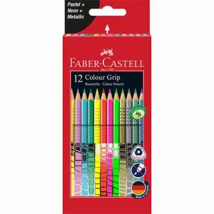 Creioane colorate Faber-Castell Colour Grip, set de 12 culori, pastel, neon și metalice - Creioane colorate