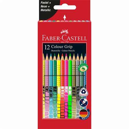 Creioane colorate Faber-Castell Colour Grip, set de 12 culori, pastel, neon și metalice