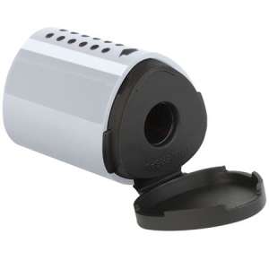 FABER-CASTELL Grip 2001 mini silver pencil sharpener with open lid, showing the sharpening mechanism and pencil shavings container - Pencil Sharpener