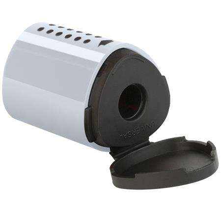 FABER-CASTELL Grip 2001 mini silver pencil sharpener with open lid, showing the sharpening mechanism and pencil shavings container