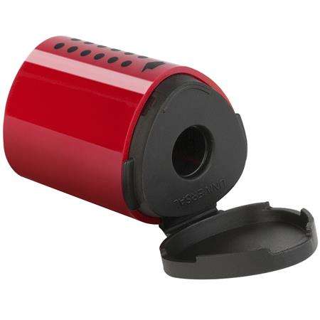 FABER-CASTELL Grip 2001 mini pencil sharpener with a red body and black lid, open, showing the sharpening mechanism