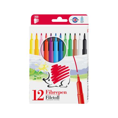 ICO Fibrepén 12 darabos készlet 1 mm-es filctollakkal, vízbázisú tintával, íráshoz, rajzoláshoz és színezéshez