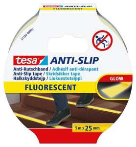 TESA Anti-Slip fluorescent glow in the dark safety tape, 25mm x 5m, for stairs, ramps, ladders, and other slippery surfaces - Work Safety