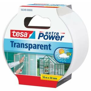 Tesa Extra Power Transparent Tape packaging showing greenhouse and shower door repair applications - Office accessory