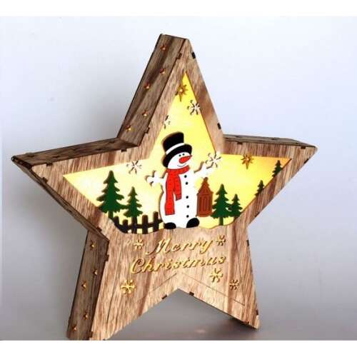 Decoratiune de Crăciun din lemn în formă de stea cu om de zăpadă și inscripția 'Merry Christmas', lumini LED albe calde