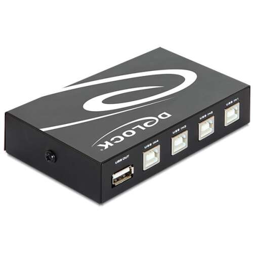 Comutator USB Delock cu 4 porturi, negru, vedere laterală, care arată porturile