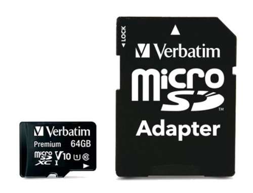 Card de memorie VERBATIM, microSDXC, 64GB, CL10/U1, 90/10 MB/s, adaptor, VERBATIM "Premium"