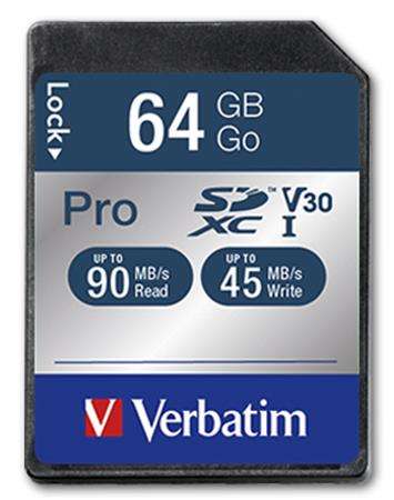 VERBATIM Memóriakártya, SDXC, 64GB, CL10/U3, 90/45MB/sec, VERBATIM "PRO"