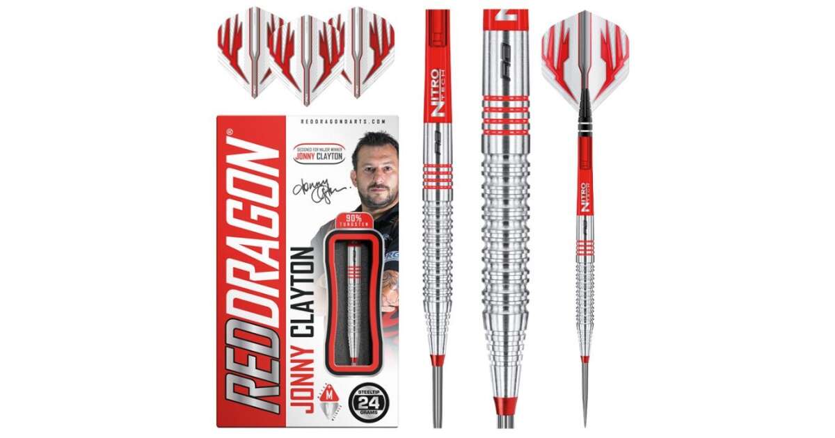 RED DRAGON Jonny Clayton – Set Freccette Originali 2.0, Tungsteno, 24 Grammi, Con Aste NITRO-TECH E Voli HARDCORE