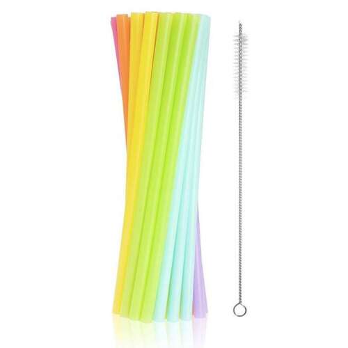 17 pack of colorful reusable plastic drinking straws with a cleaning brush