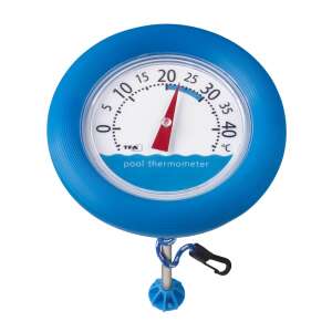 Poolwatch pool thermometer, blue floating thermometer with a dial, measures water temperature in Celsius, has a stainless steel sensor, and a string for attaching to the pool - Pool Heater