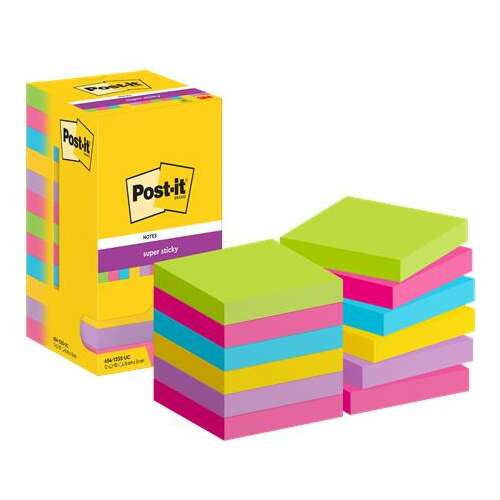 3M Post-it Super Sticky Notes, 76x76 mm, 12x90 sheets, assorted colors