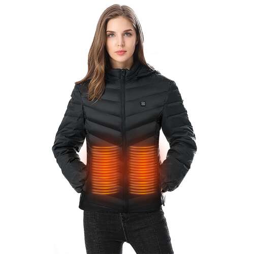 Dollcini, elegáns fűthető női kabát, télikabát, USB fűtési rendszerrel, Szélálló elektromos szigetelt kabát levehető kapucnival, Fekete,401201