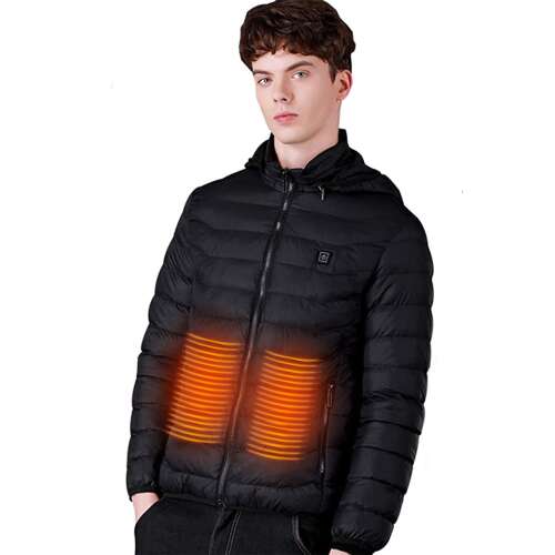 Dollcini, elegáns fűthető Férfi kabát, télikabát, USB fűtési rendszerrel, Szélálló elektromos szigetelt kabát levehető kapucnival, Fekete, M