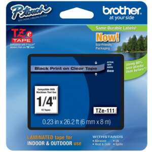 Brother TZe-111 6mm x 8m clear label tape with black text, laminated, for indoor and outdoor use - Brother Label Maker and Tape