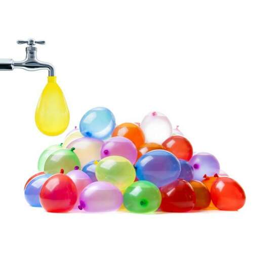 Pile of colorful water balloons being filled with water from a tap