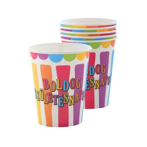 Funny Happy Birthday striped and dotted paper cups, 2.5 dl