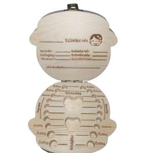 Nyitott Fogtartó dobozka - Kislány, fa tejfog gyűjtő doboz, fogak elhelyezése és baba információ mezők láthatóak - Baba fogápolás