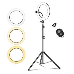 Rif Refco 20cm 8 inch LED körlámpa állvánnyal, USB csatlakozással, 3 fényerősségi móddal, 10 fényerősségi beállítással, telefontartóval, selfie távirányítóval, 210cm állvánnyal - LED körfény & körlámpa