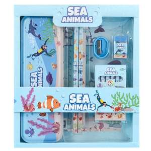 Stationärset mit Meeres-Tier-Motiv in einer blauen Box mit Delfin-, Fisch- und Krabben-Design - Dollcini