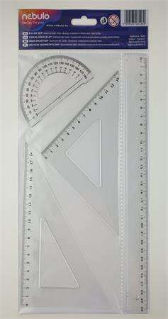 NEBULO 4 piece plastic ruler set, includes a 30cm ruler, 18cm protractor, 13cm triangle ruler, and a 60 degree triangle ruler