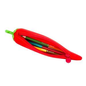 NEBULO Chili-Pfeffer-Federmäppchen, rotes Silikon-Federmäppchen mit Reißverschluss, offene Ansicht, Stifte sind sichtbar - Schreibwaren & Schreibmaterial