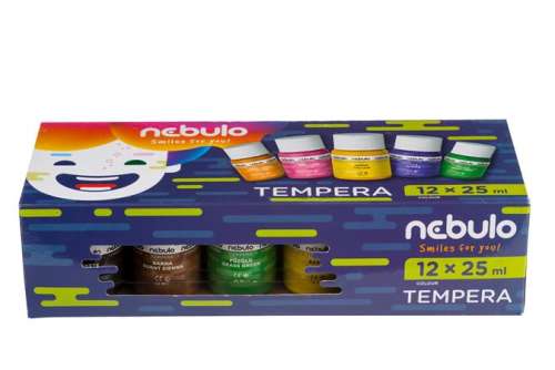 NEBULO Tempera készlet, tégelyes, 25 ml, NEBULO, 12 különböző szín