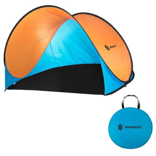 Springos pop-up beach tent, blue and orange, with carrying case