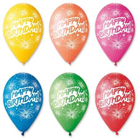 Luftballon, 30 cm, "Happy Birthday", Feuerwerk