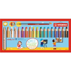 STABILO Woody 3 in 1 colored pencil set, 18 colors, with sharpener and brush, for drawing and painting - Colored Pencil