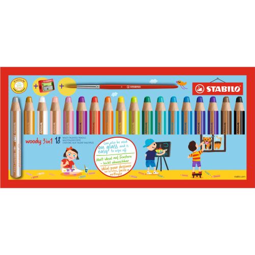 STABILO Woody 3 in 1 colored pencil set, 18 colors, with sharpener and brush, for drawing and painting