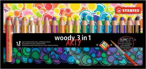 STABILO Woody 3 in 1 ARTY Colored Pencils, 18 colors, set of 18, with sharpener and brush