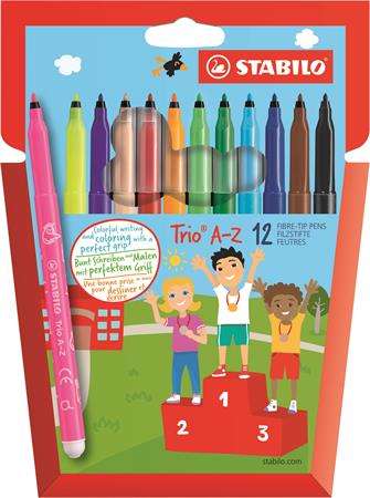 STABILO Trio A-Z set de 12 pixuri cu vârf de fibră, culori asortate, perfecte pentru colorat și scris