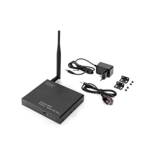 DIGITUS Set Extender / Splitter HDMI wireless 80 m, unitate de recepție, cu antenă, adaptor de alimentare, telecomandă, suporturi de montare și șuruburi
