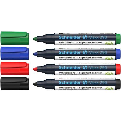 SCHNEIDER Tábla- és flipchart marker készlet, 2-3 mm, kúpos, SCHNEIDER "Maxx 290", 4 különböző szín