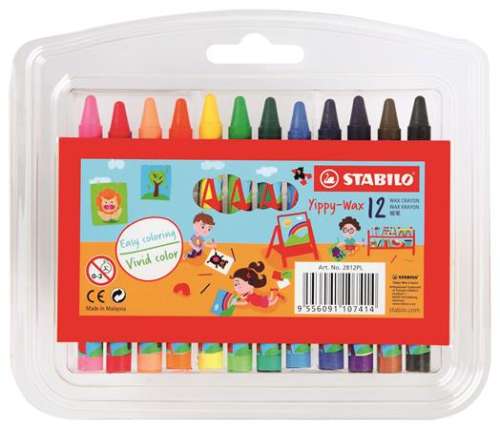 STABILO Yippy-Wax 12 pack of wax crayons for kids, easy coloring, vivid color