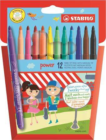 STABILO Power 12 pack of felt tip pens with medium tip, colors even after 8 weeks without cap