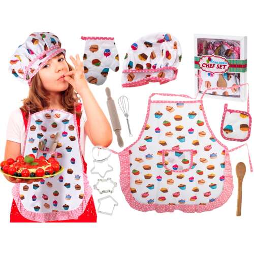 Children's chef set with apron, hat, gloves, rolling pin, spoon, cookie cutters, and whisk