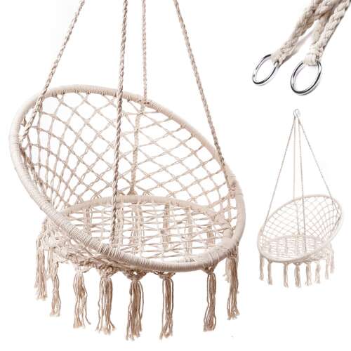 Hanging chair with a round seat and a back, made of cotton rope and metal frame, in ecru color, 80cm in diameter