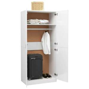 White high gloss wardrobe with two doors open, showing interior shelves and hanging rod - Living Room Furniture