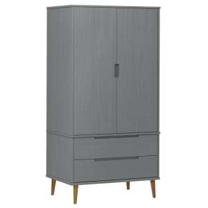 Gray solid pine wood wardrobe with two drawers, 90 x 55 x 175 cm - Office Furniture