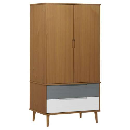 Barna tömör fenyőfa ruhásszekrény két ajtóval és két fiókkal, 90 x 55 x 175 cm - Ruhásszekrény