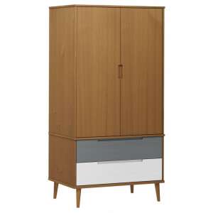 Brown solid pine wardrobe with two doors and two drawers, 90 x 55 x 175 cm - Office Furniture